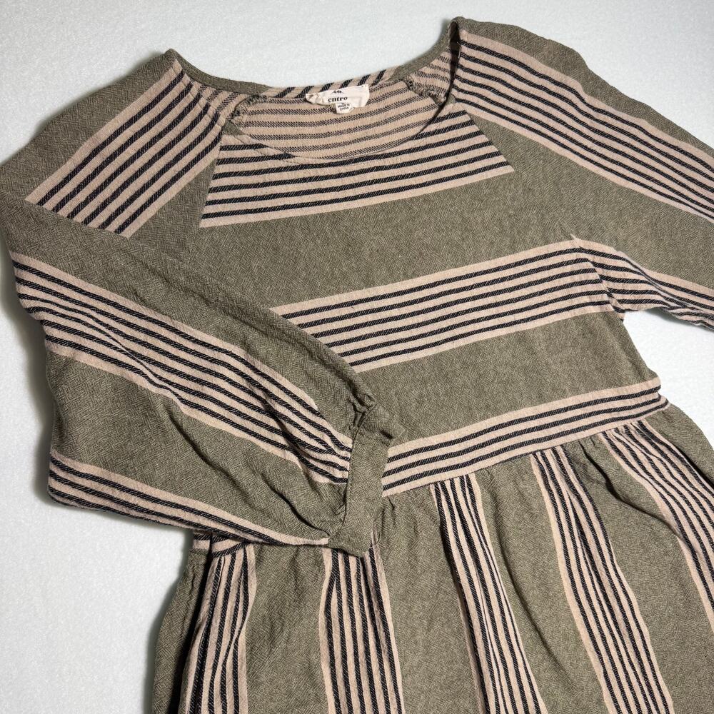 Entro olive colored striped babydoll dress women's size small cotton linen blend